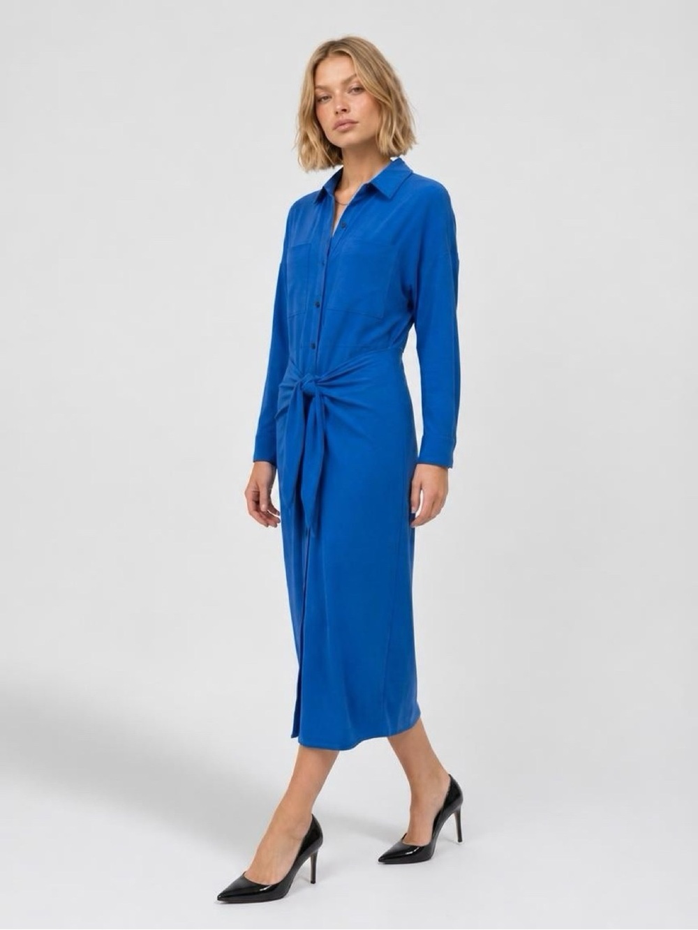 Donna Morgan Blue Shirt Dress Long Sleeve Button Front Tie Waist Midi